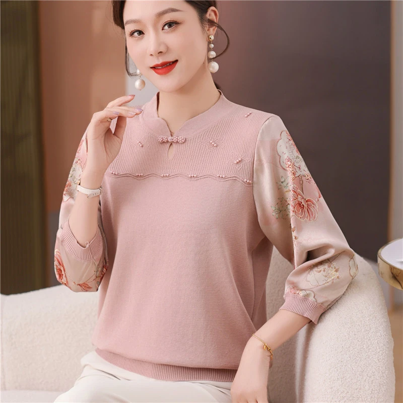 新中式妈妈夏装冰丝T恤薄款打底衫中老年女春夏国风纱袖针织上衣