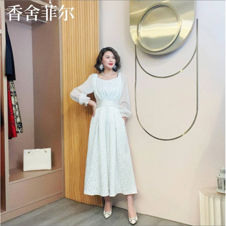 【香舍菲尔】[薇薇]高腰新款气质修身法式收腰显瘦提花连衣裙-82018