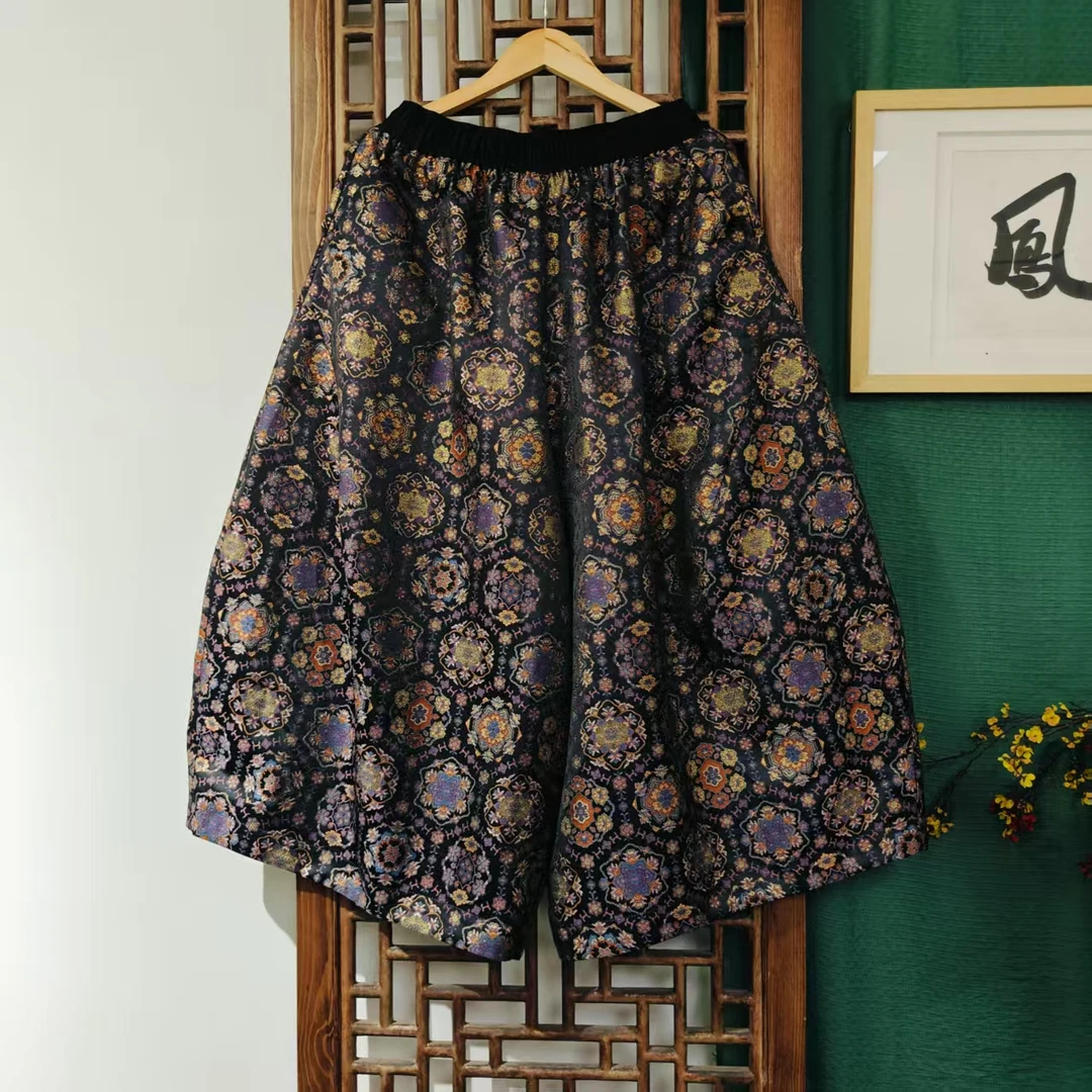 (LK040-64)凤徕兮私人定制黑底紫色宝相花全松紧加衬花苞裤