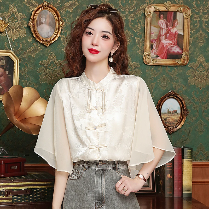 新中式国风盘扣短袖雪纺衬衫女2025夏季新款爆款设计感绝美小上衣