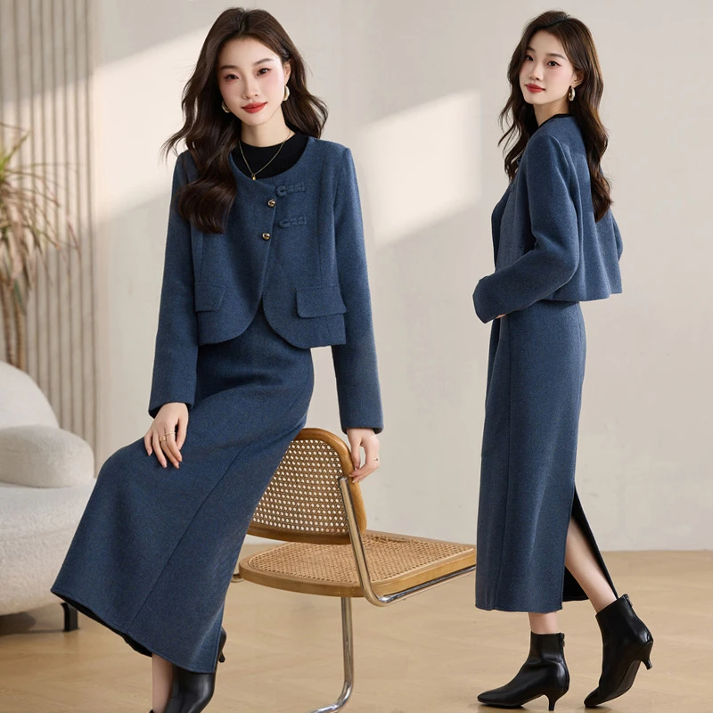 毛呢外套半身裙两件套女装2025春秋新款高级感搭配一整套时尚套装