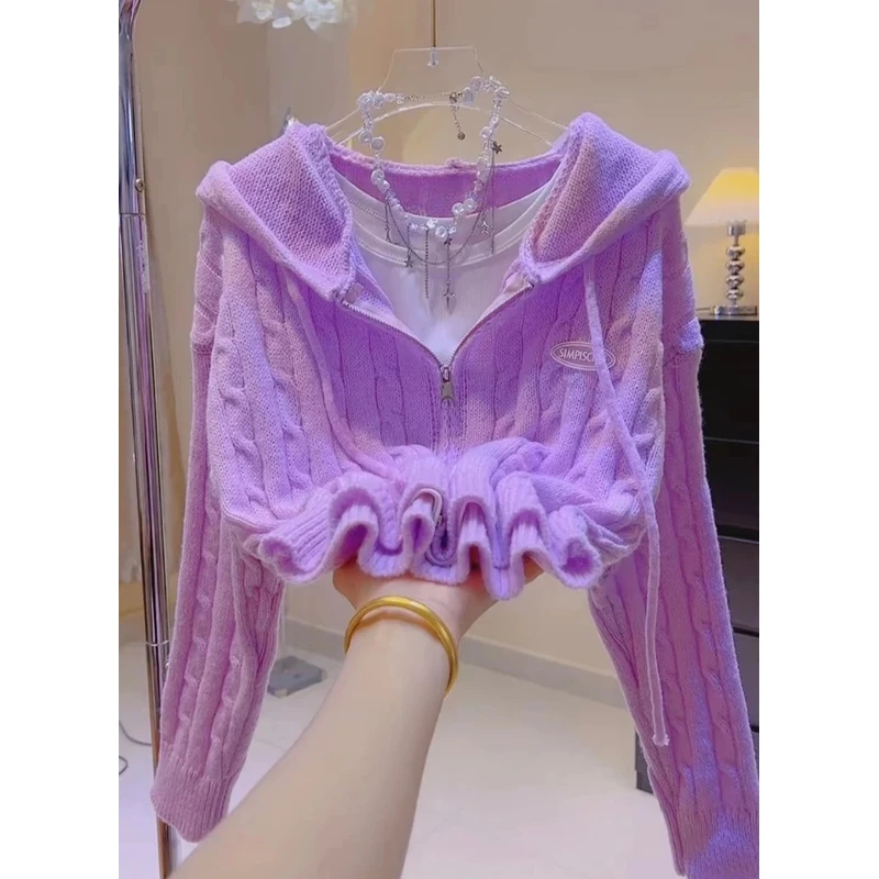 贴超款针织时尚甩帽拉链麻花交八开sh103连帽洋气长毛衣开衫上衣