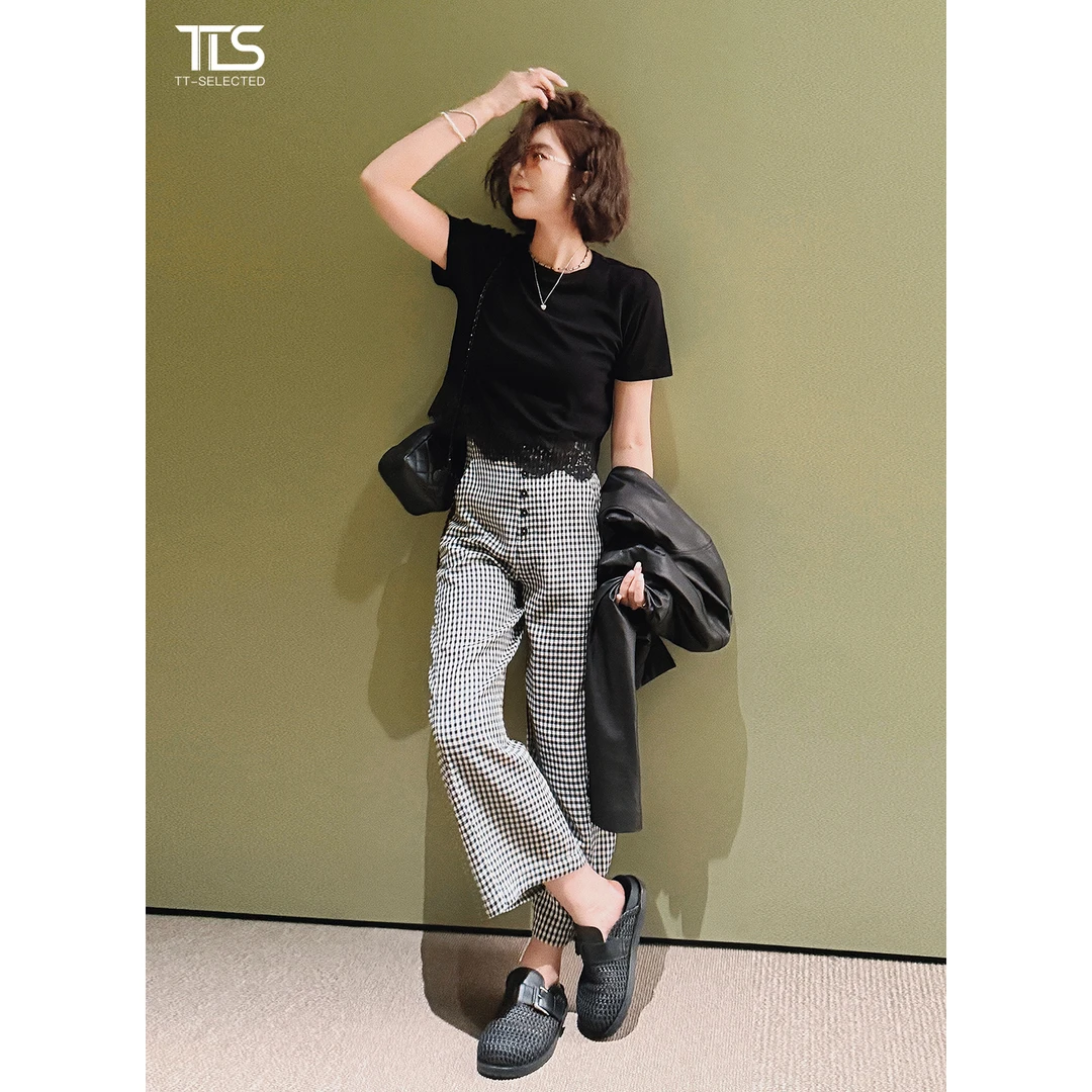 TT【冰感裤】莱赛尔+醋酸春夏黑白格子裤休闲长裤子1438