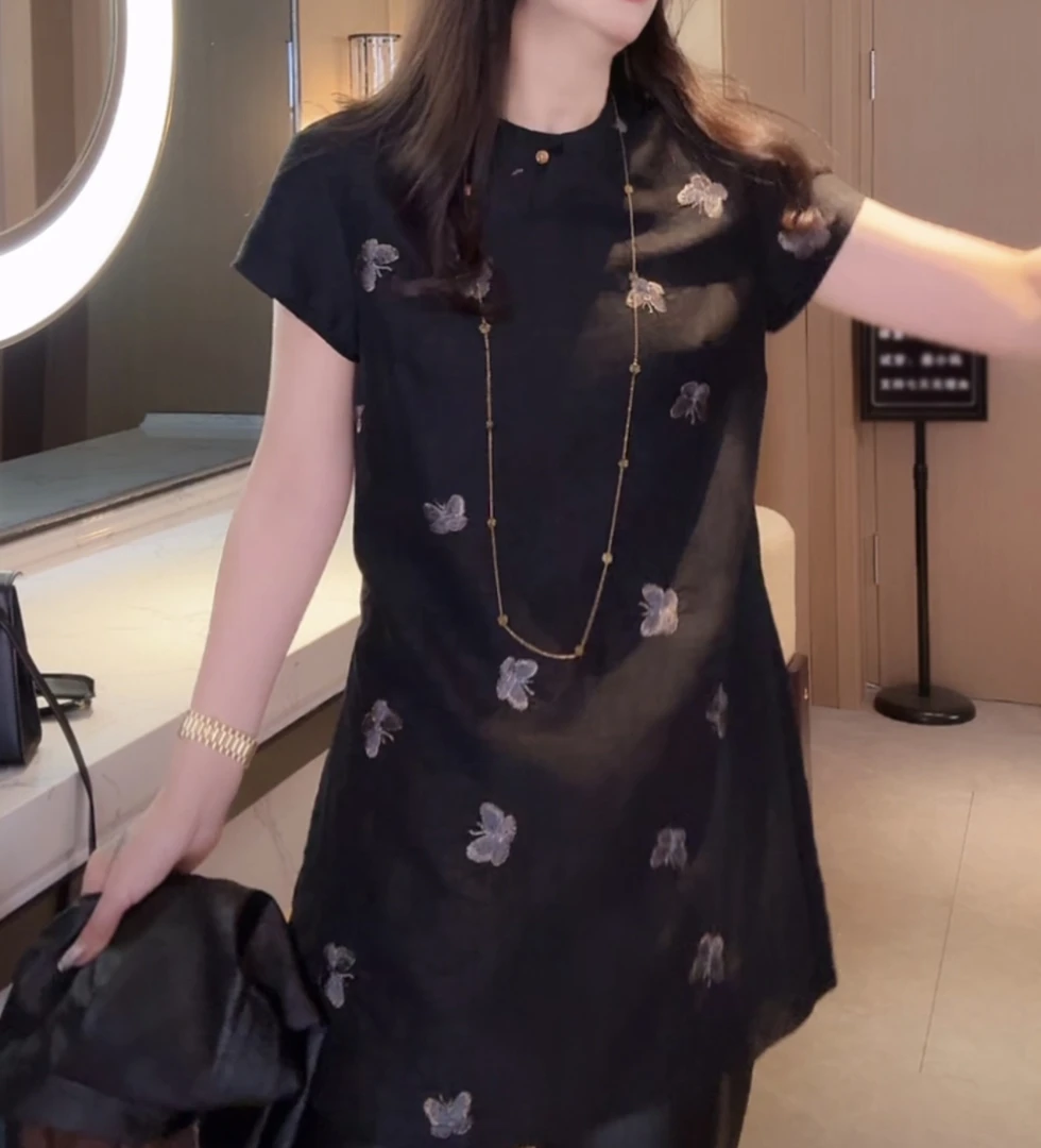 新中式国风短袖t恤女2025夏季新款气质立领斜襟重工蝴蝶刺绣小衫