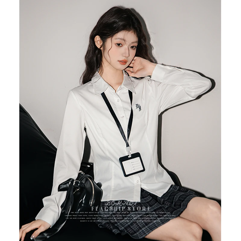 学院风白色jk制服长袖衬衫女2025春秋新收腰显瘦刺绣衬衣气质上衣