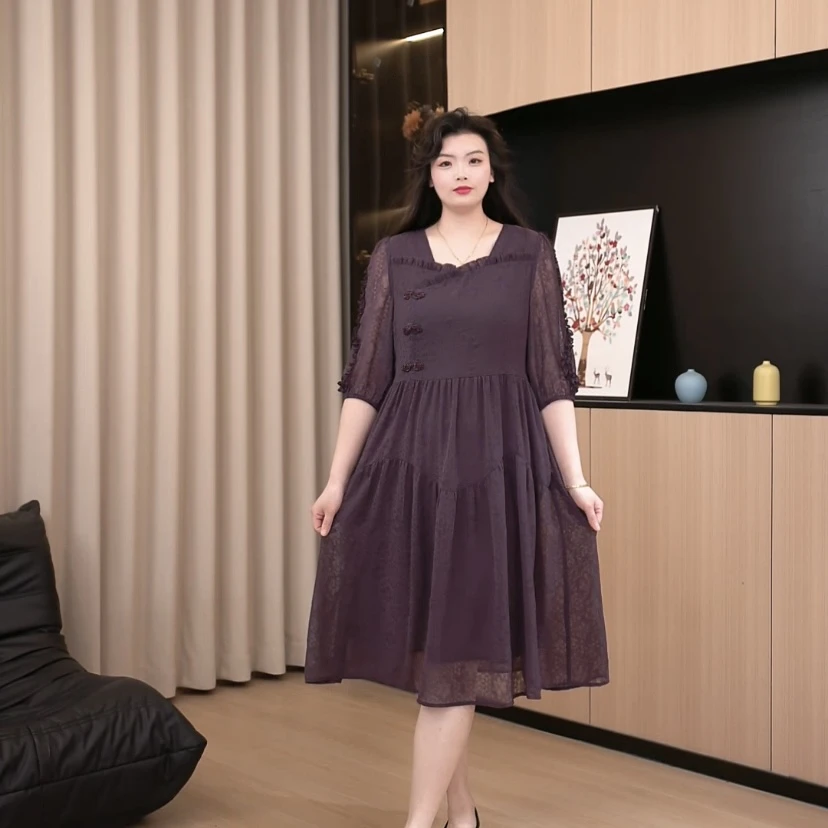 胖依依大码女装2025夏季新款气质显瘦妈妈装连衣裙250168七分袖