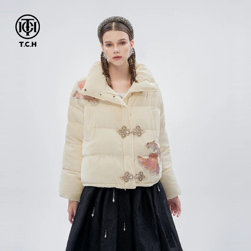 轻奢-TCH已下架锦鲤烫钻新中式盘扣立领时尚加厚保暖羽绒服女T72D
