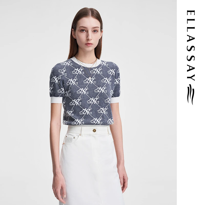 ELLASSAY歌力思2024春季新款撞色饰边老花针织衫女EWW351M05600