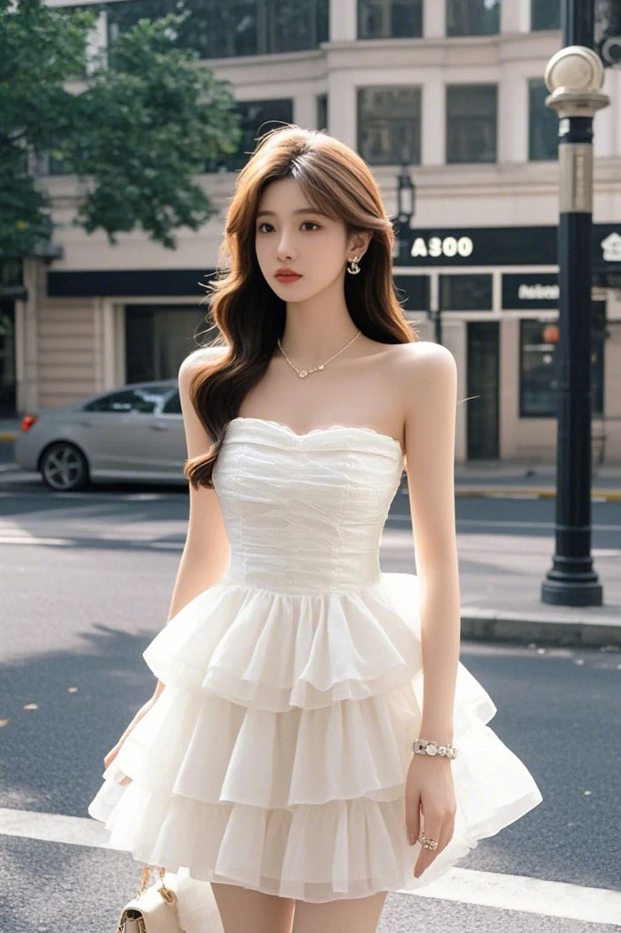 【KEKE】白色蛋糕裙2025夏季新款气质甜美一字领纱网连衣裙小礼服女