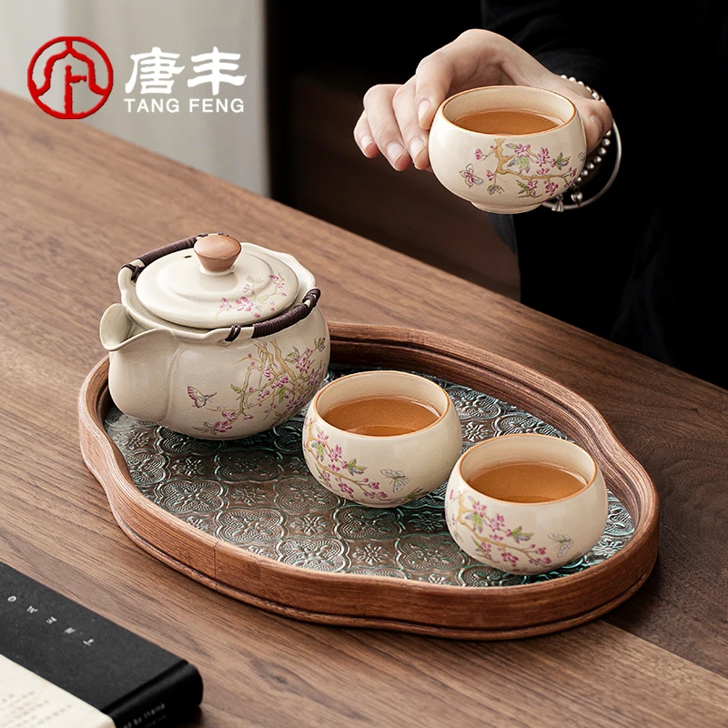 唐丰汝窑手抓壶家用泡茶小套装办公室工位一人饮茶壶茶杯茶台一套