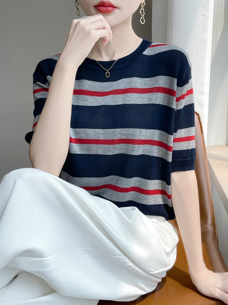 新款高端显瘦条纹圆领短袖针织衫