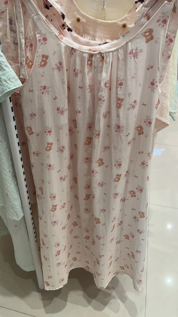 夏季女士纯棉带胸垫短袖宽松睡裙免穿文胸家居服