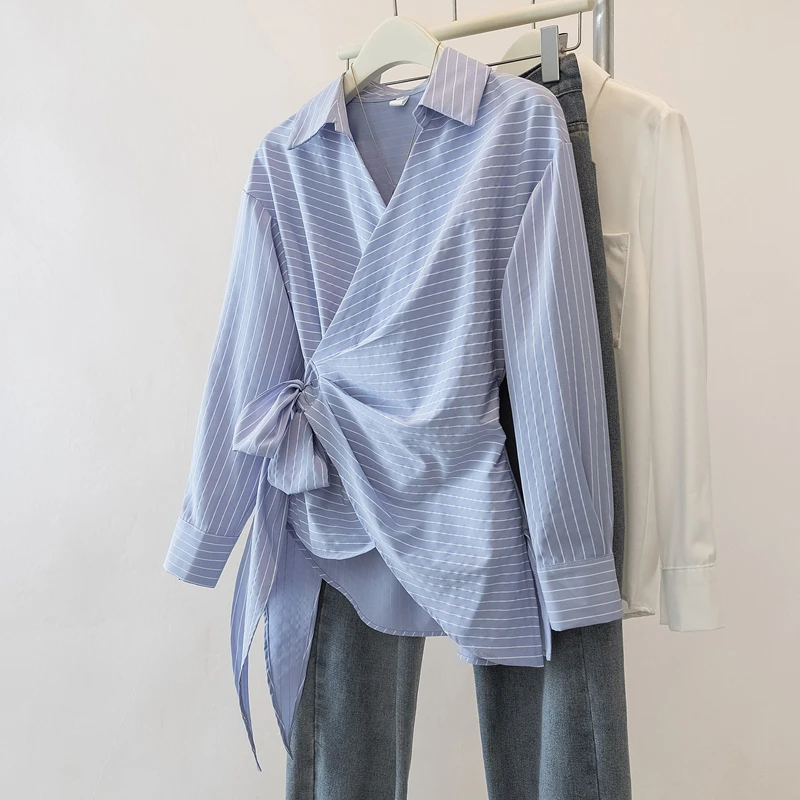 韩系侧边系带收腰交叉小翻领衬衫女早春新款条纹衬衣独特别致上衣