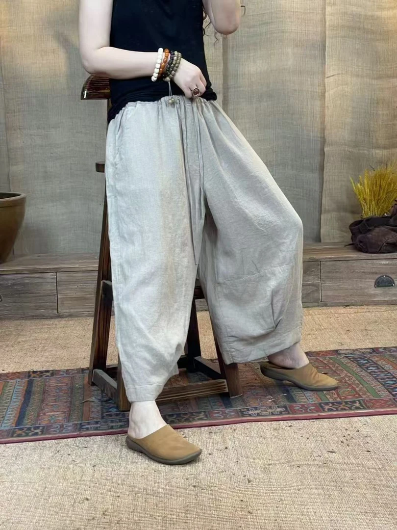 个性时尚潮流大版新款复古亚麻炒色做旧宽松休闲裤爆款洋气时髦