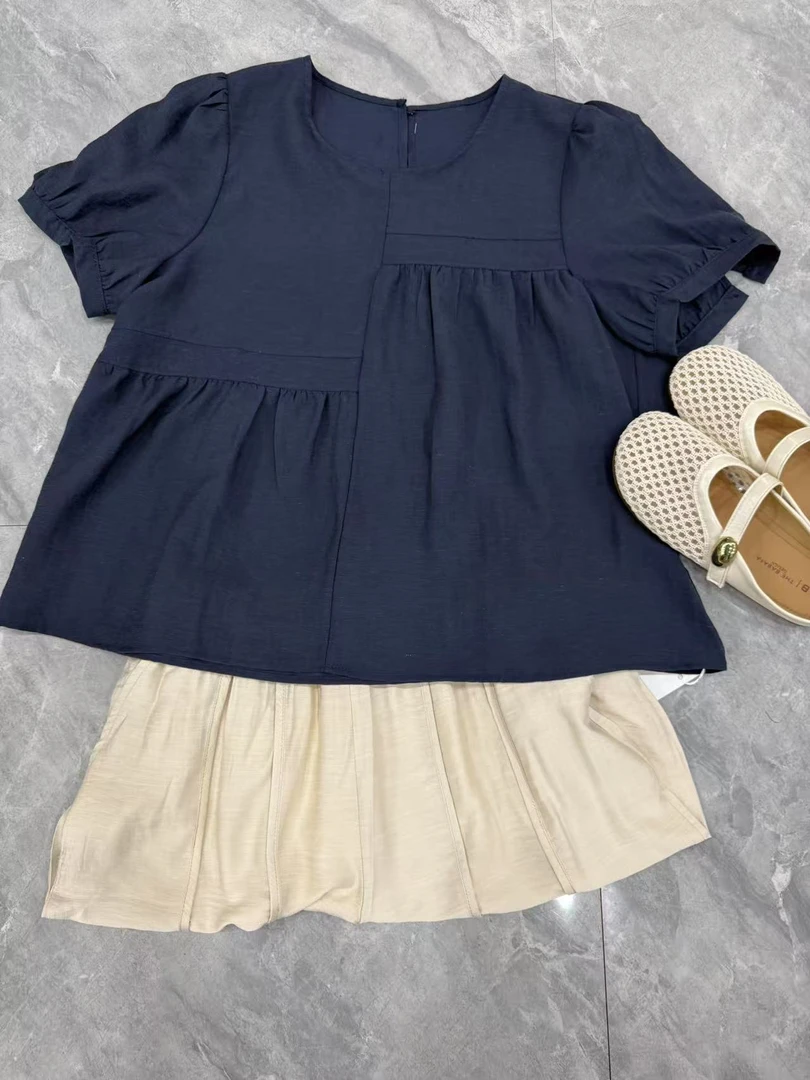 8370款夏季新款韩版甜美圆领宽松减龄百搭泡泡短袖衬衫女