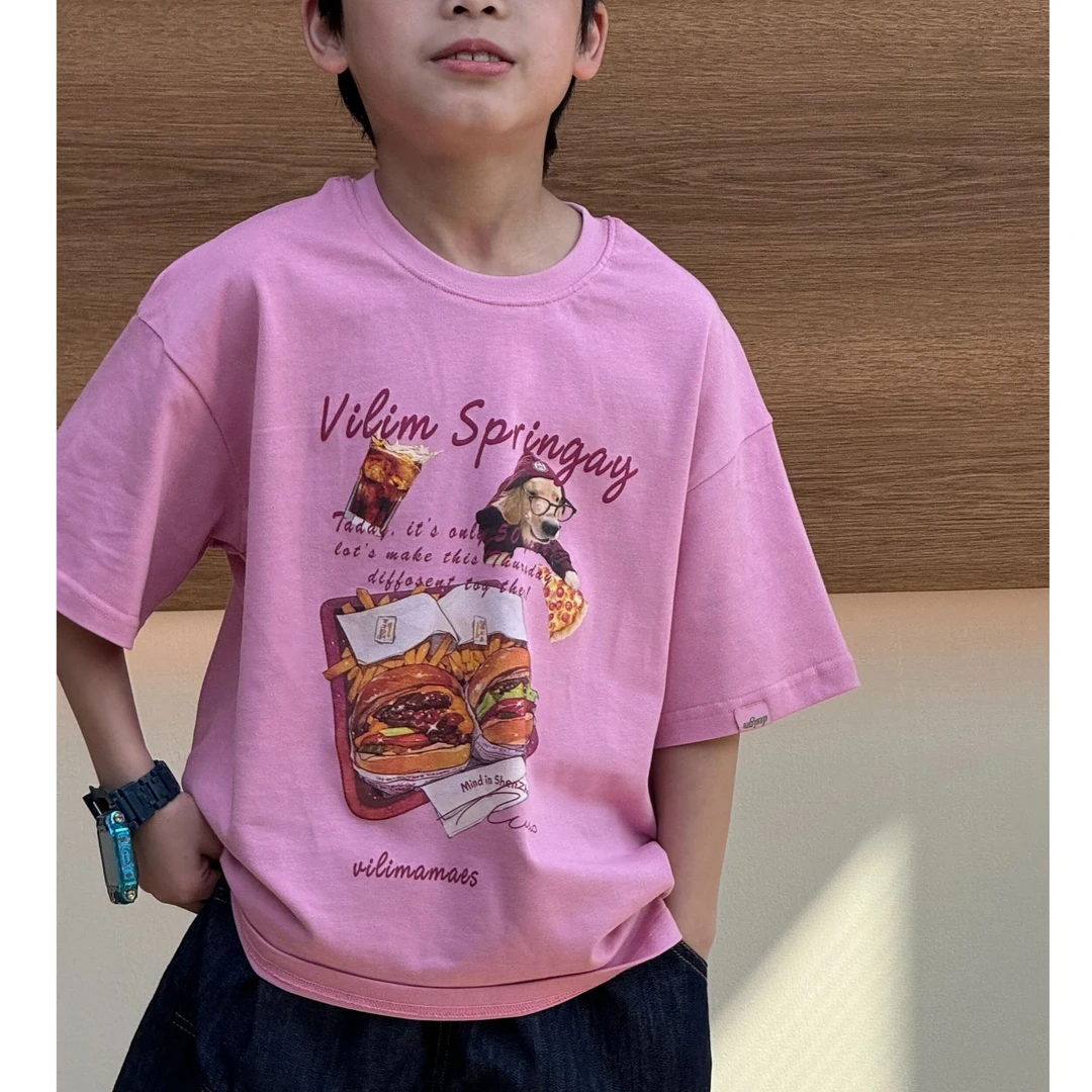 vilimama2025夏款粉色美式西餐100棉短袖T恤衫55417 儿童针织印花