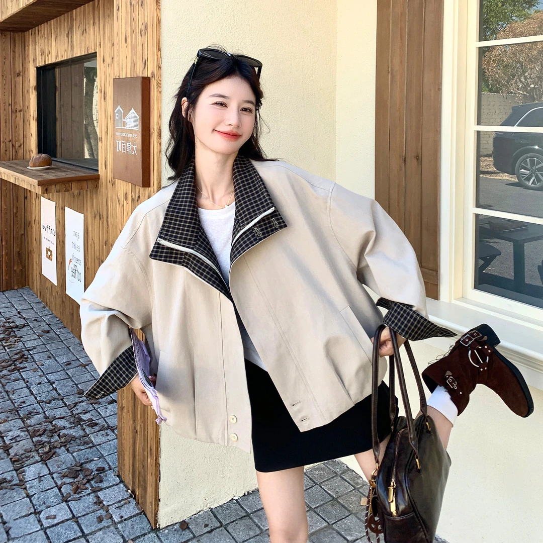 法芬图复古格纹拼接工装短外套女2025秋季小个子休闲百搭夹克上衣