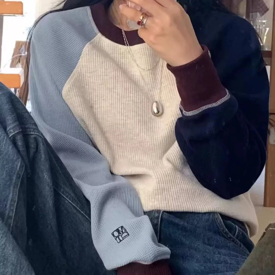 韩国2025新款modestmood拼接撞色华夫格卫衣女宽松长袖上衣潮早秋