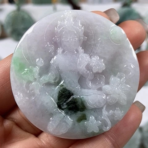 翡翠颈饰未镶嵌山水观音两面工福利翡翠