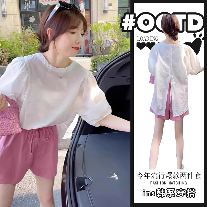 夏季2025新款高级感超好看后背开叉短袖衬衫显瘦减龄阔腿短裤套装