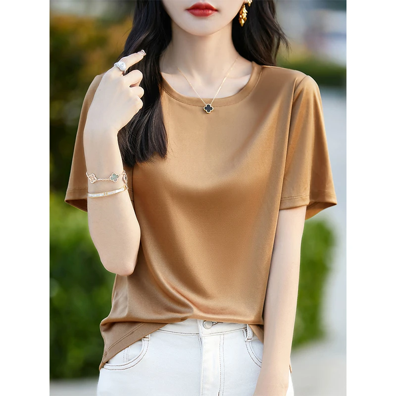 夏季高级感醋酸正肩圆领T恤女士短袖宽松显瘦短袖V领气质半袖上衣