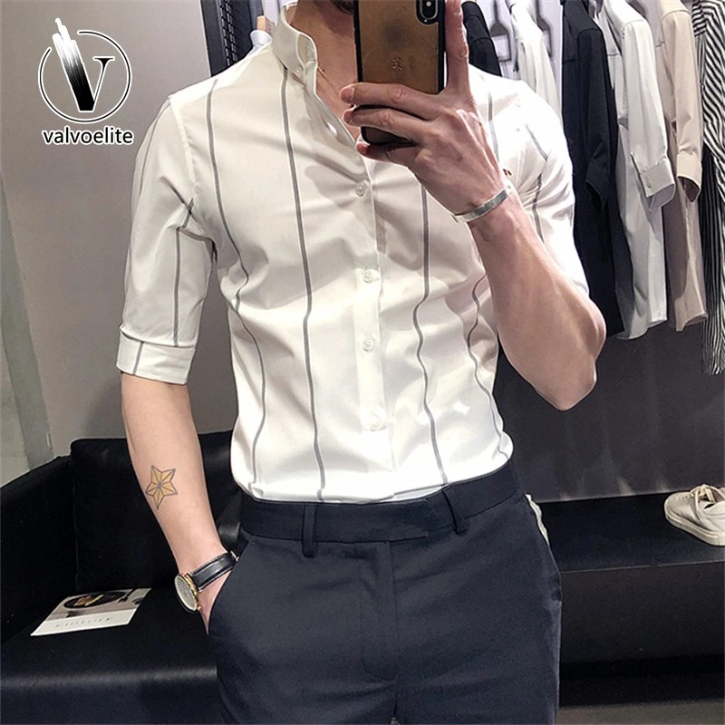 VALVOELITE夏季白色条纹衬衫男短袖修身七分中夏季白色透气Polo