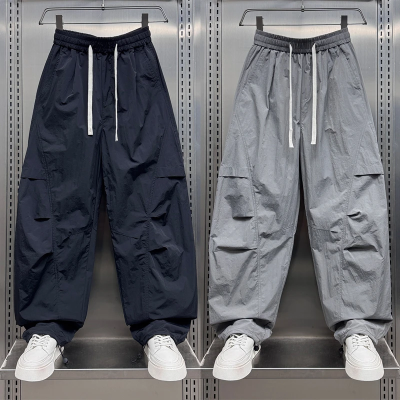 男裤2025夏季薄款拼接户外工装裤男士潮牌宽松直筒抽绳痞帅休闲裤