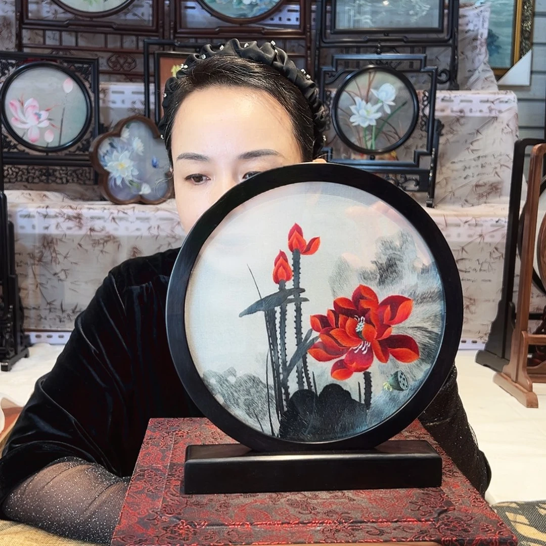 织绣苏绣摆台檀木手工双面