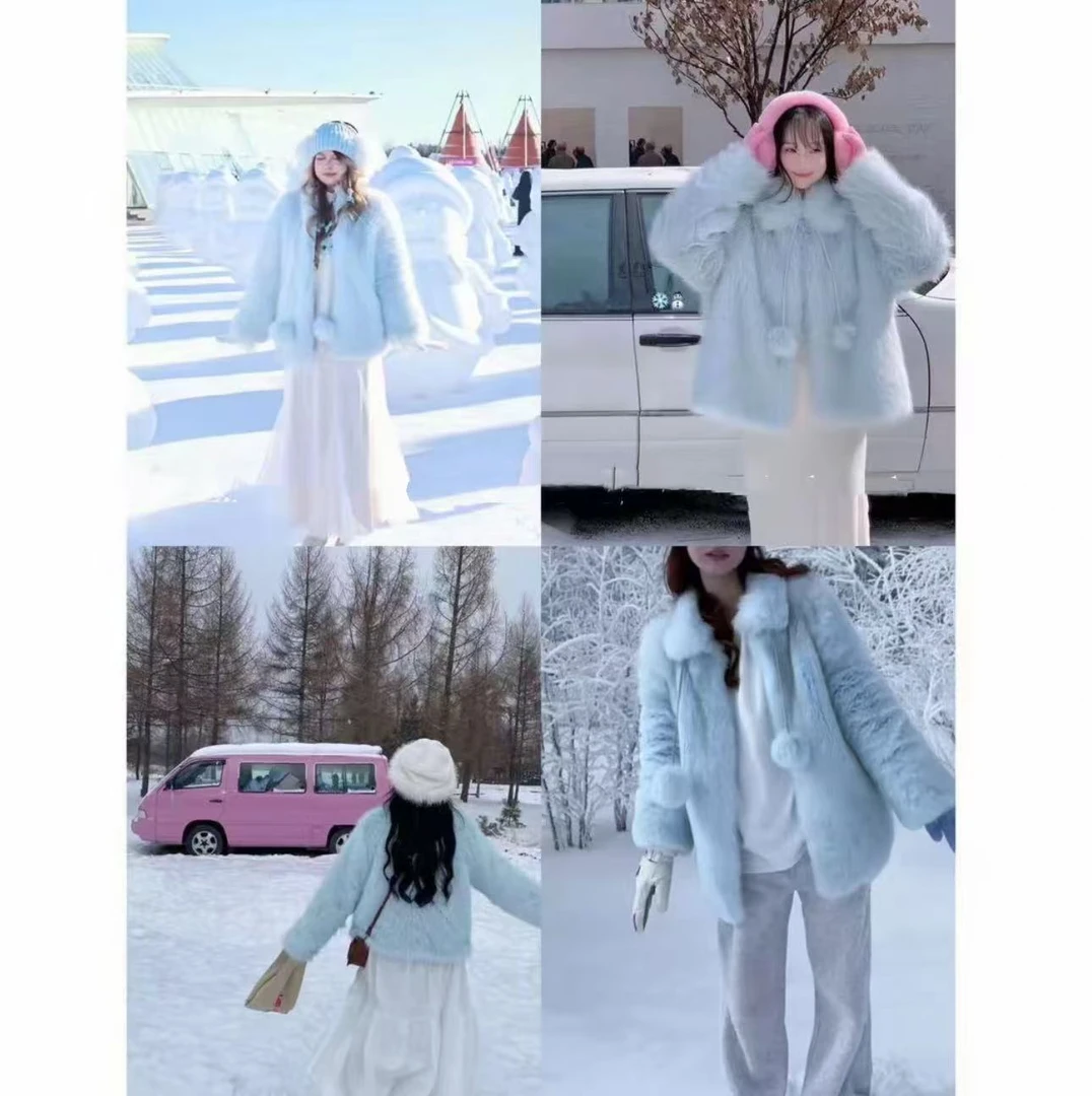 25年新款<四色毛球>冬季氛围感翻领千金风甜美毛毛外套