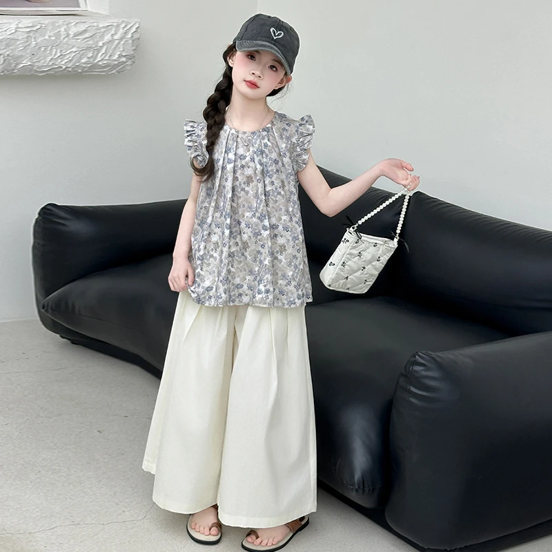女童飞袖阔腿裤套装2025新款6-12岁潮款中大童时髦洋气独特两件套