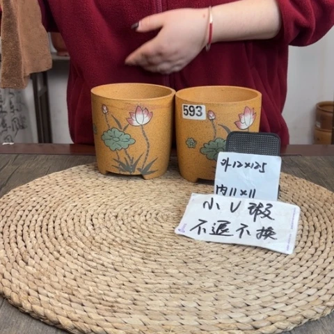 紫砂花盆微瑕柴烧手绘直筒两只593