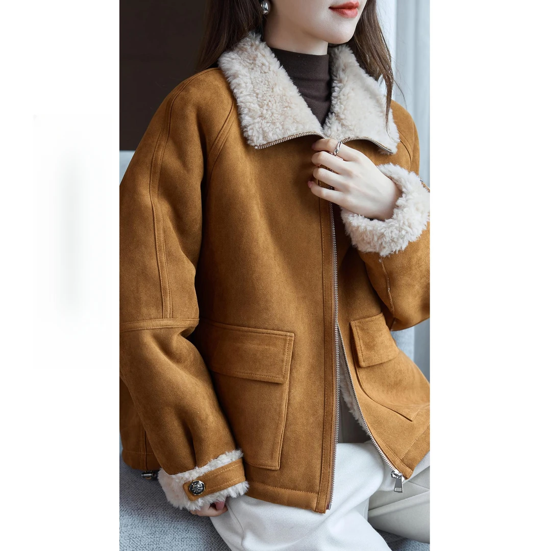 轻奢休闲简约拉链款颗粒羊毛外套女装2025冬季爆款加厚羊毛羔大衣