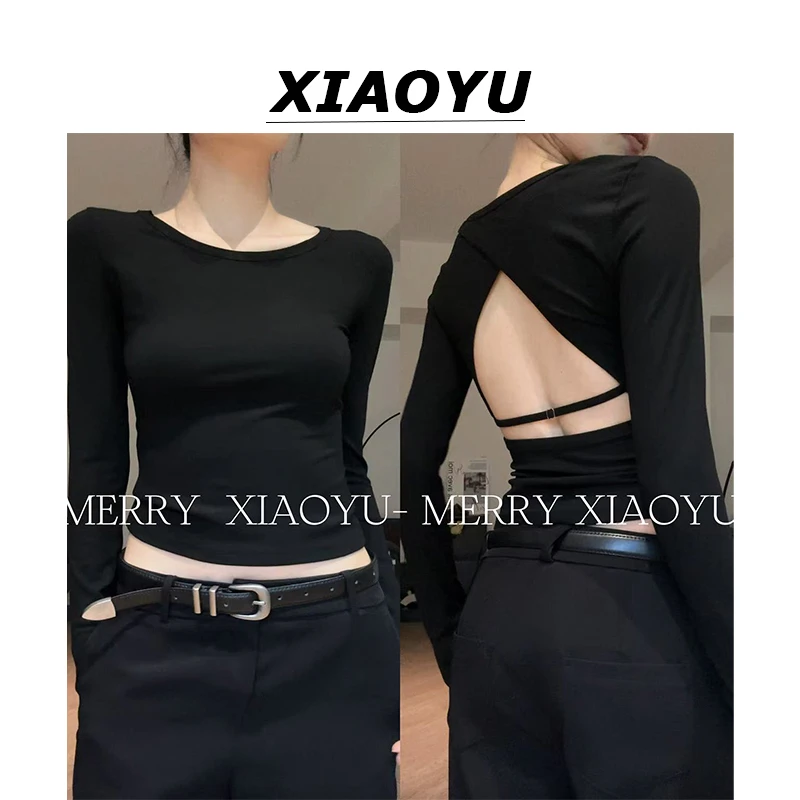 小鱼【辣诱因子】小众设计露背正肩圆领T恤女清冷系修身高级感上衣