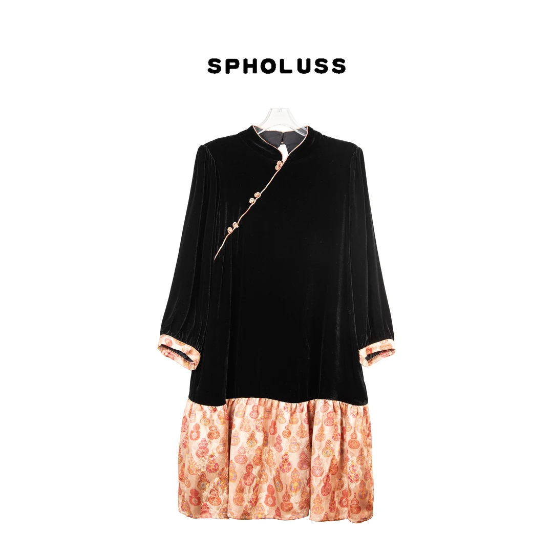 【丝芙玉禄】（K498）重磅100%真丝丝绒重工新中式丝绒气质连衣裙