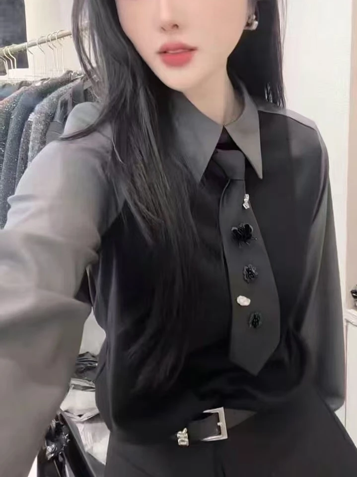 时尚减龄洋气款假两件拼接带领带衬衫