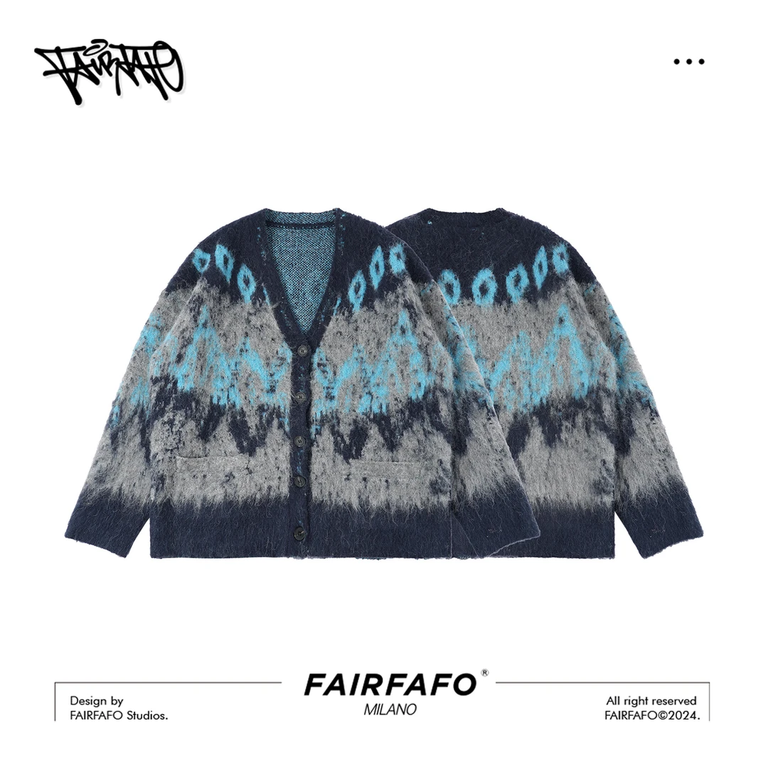 FAIRFAFO林肉肉【深蓝色开衫】羊.毛开衫扎染秋季渐变开衫MYBL48276