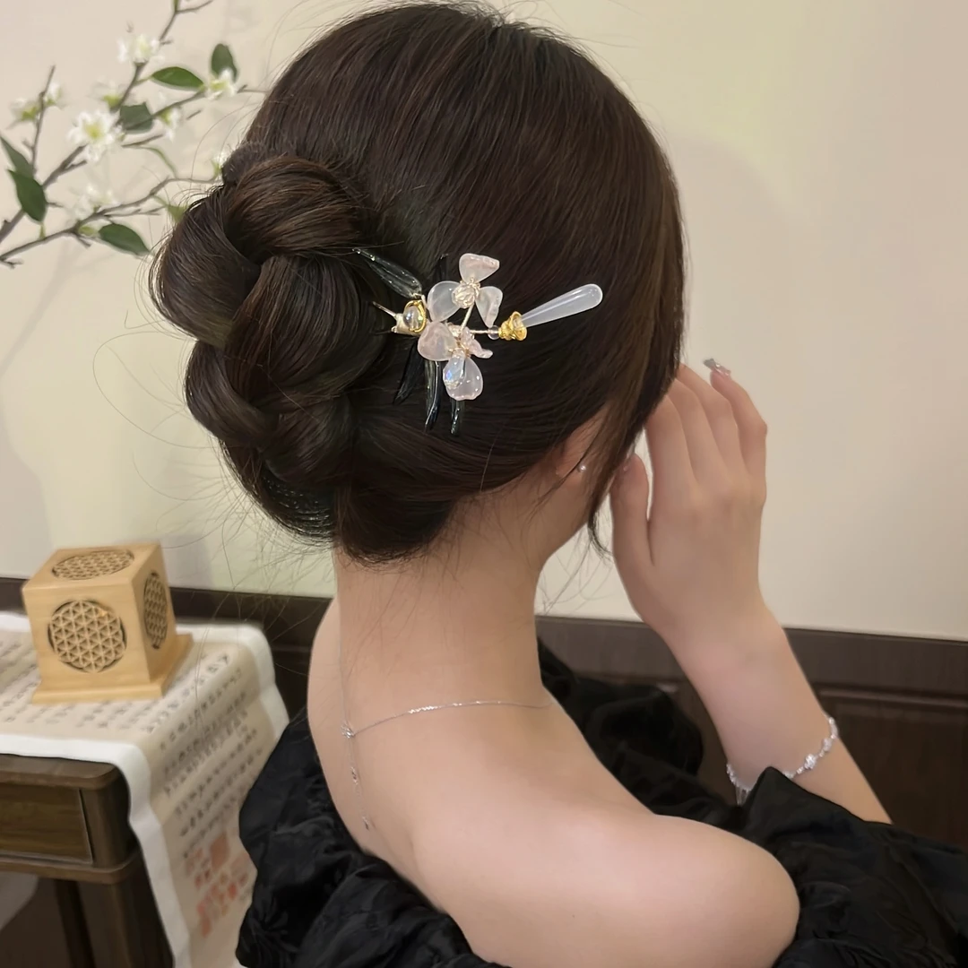 掐丝玉兰花热缩片发簪森系新中式发钗古风头饰中式发簪子