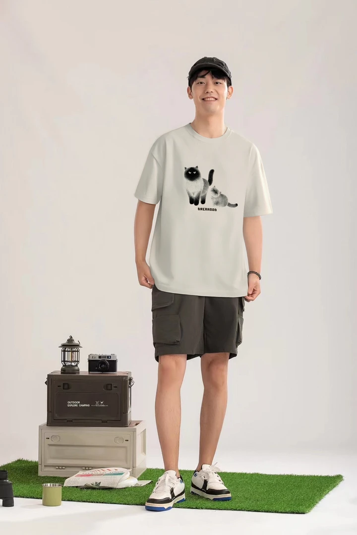 夏季新款男女同款匹马棉T恤卡通猫咪印花宽松透气休闲圆领短袖T恤
