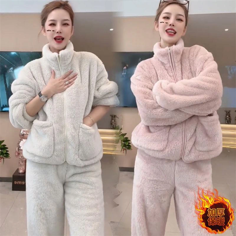 舒适暖和洋气立领包边珊瑚绒睡衣套装女2025秋冬款加厚保暖两件套