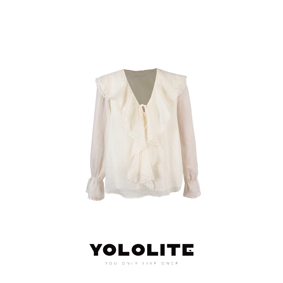 YOLOLITE【一见倾心】2682复古花边衬衫上衣女长袖荷叶边衬衣