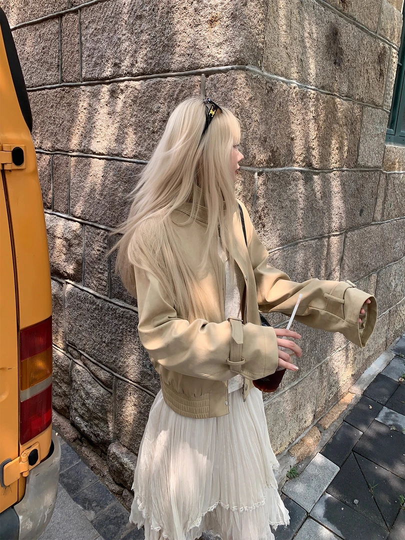 巴恩风设计感卡其色立领长袖夹克上衣女复古休闲百搭短款外套