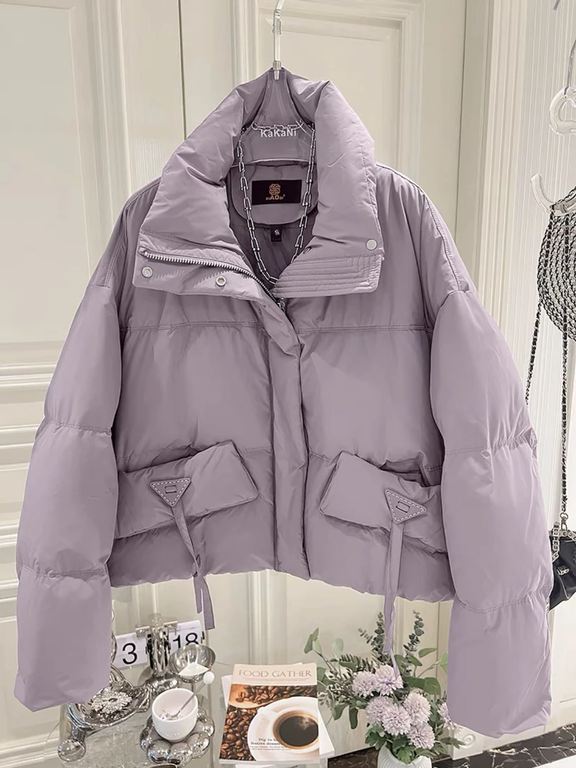 2025年新款圆领长袖立领短款插肩袖女时尚宽松保暖韩版羽绒服