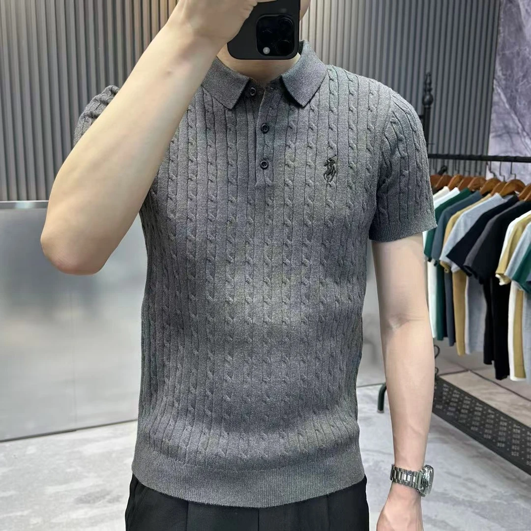 翻领毛衣恤钱风半袖男男士针织衫短袖刺绣2025秋冬季t秋装老新款