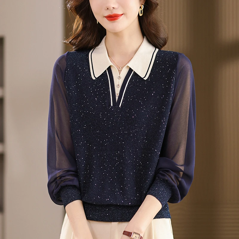 蕾丝打底衫女秋装薄款Polo领针织衫宽松遮肚子显瘦洋气春秋款上衣