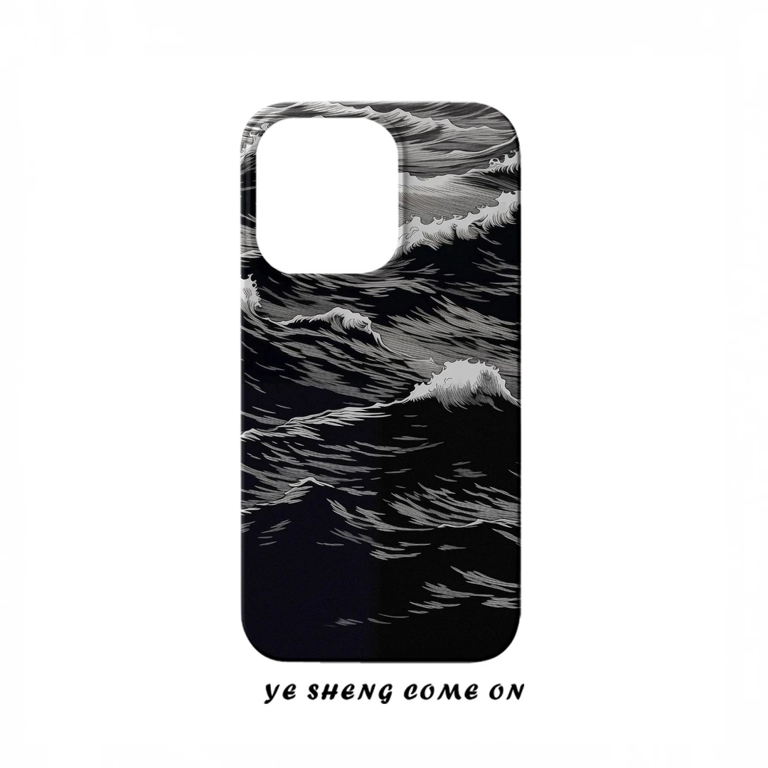 黑灰海浪适用苹果16promax手机壳iPhone15pro创意14/13卡通12菲林