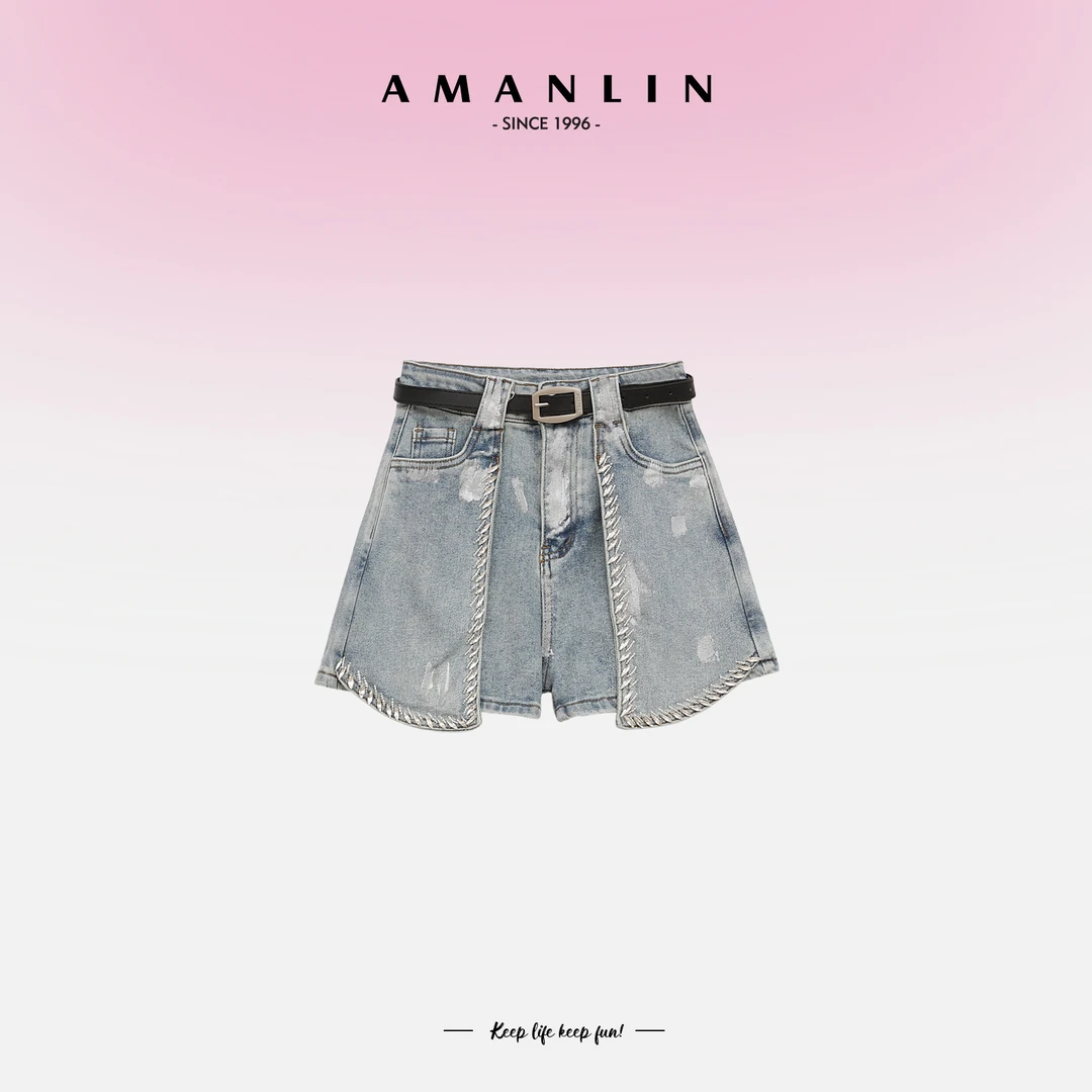 【AMANLIN】欧式重工镶钻牛仔短裤夏季新款阔腿A字开叉裤L591865