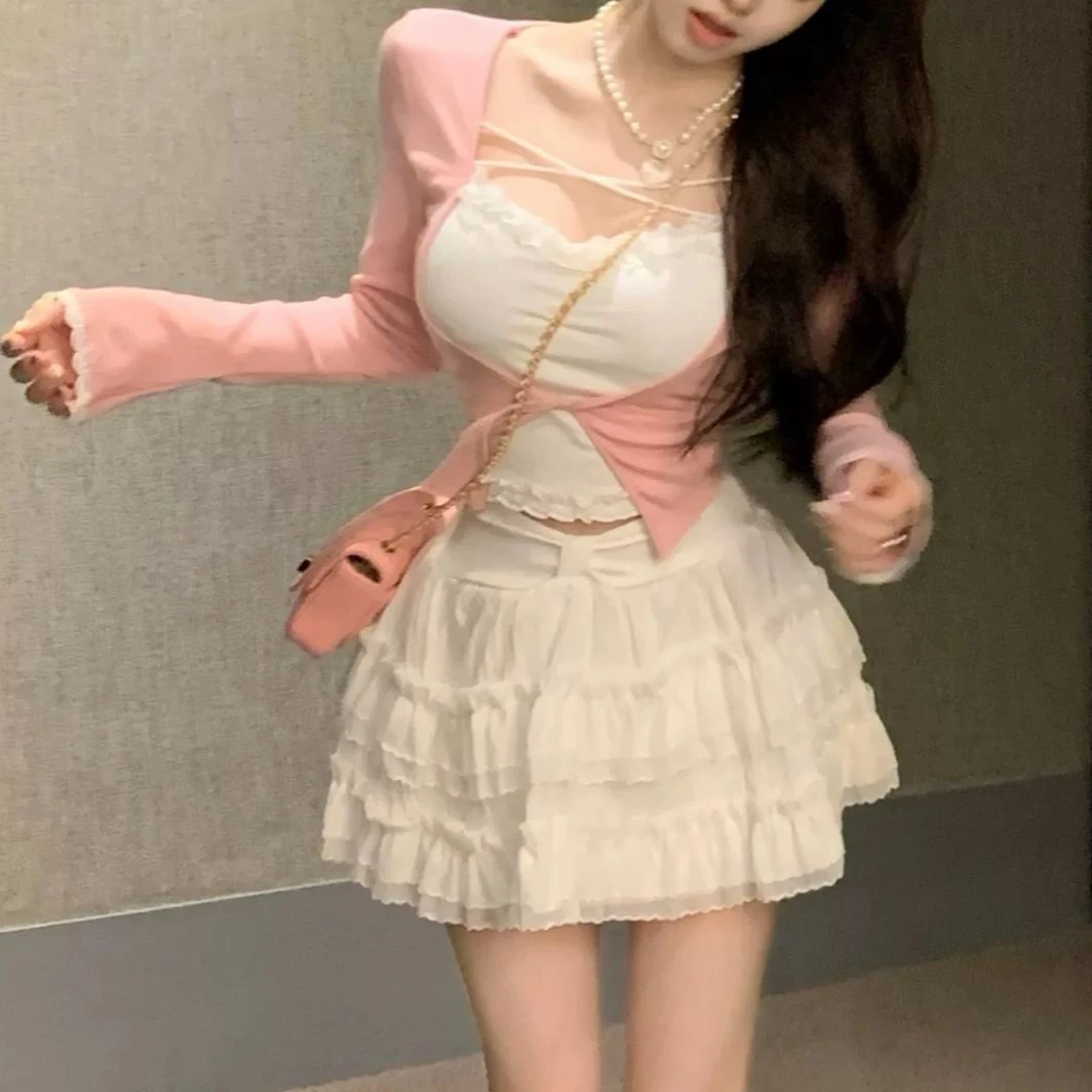 胖鑫推荐撞色假两件蕾丝长袖修身显瘦短款辣妹纯欲上衣3031