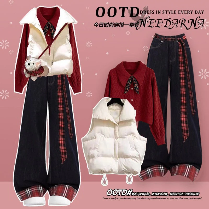 2025冬季套装女圣诞新年氛围感领结红色毛衣马甲棉服牛仔裤三件套