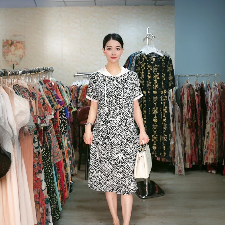 9725-妈妈装夏季时尚休闲遮肉显瘦连帽妈妈装连衣裙【D仓西】