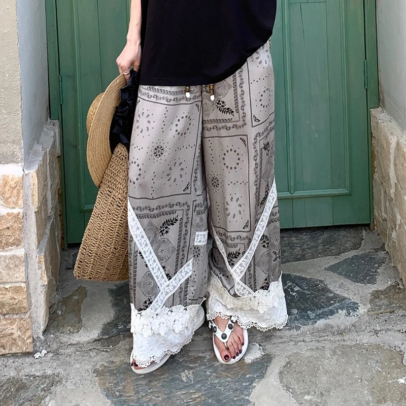 河岸家买手店AndAnything宽松阔腿蕾丝拼接刺绣印花长裤25夏新款